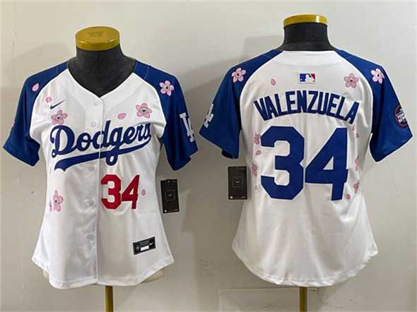 Women%27s Los Angeles Dodgers #34 Fernando Valenzuela White Royal 2025 Tokyo Series Limited Stitched Jersey